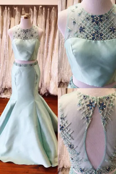 Charming Two Piece Round Neck Open Back Long Mint Mermaid Prom Dress with Beading Rhinestone LPD049